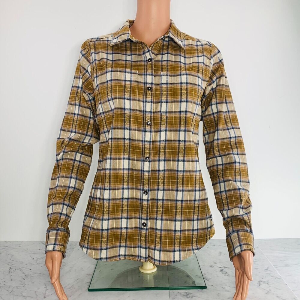 ROYAL ROBBINS Flannel Shirt Women XS Gold Cream Plaid Button-Up Outdoor REI EUC
